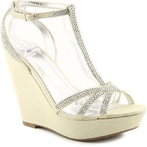 Material Girl "Pamper" Sparkly Silver Wedge Heels